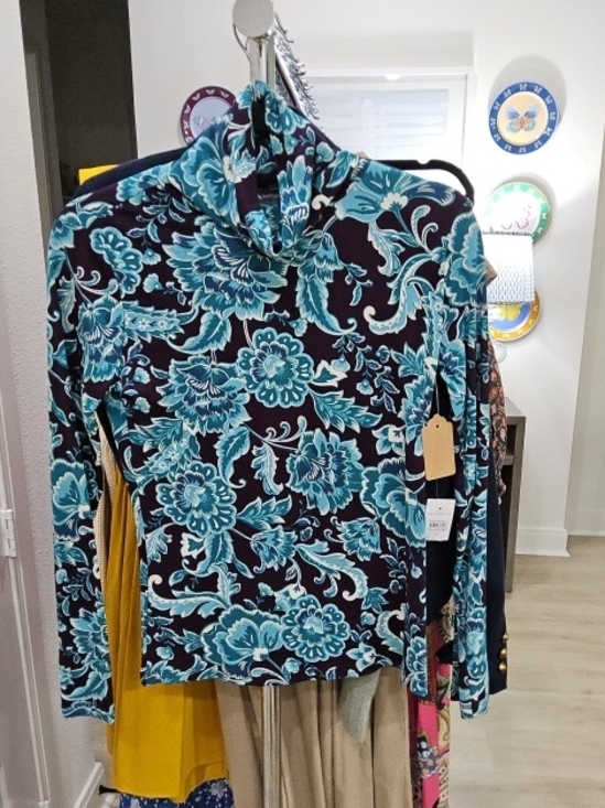 Ann Taylor Tops - Ann Taylor Teal Floral Long Sleeve Top on Wine Background